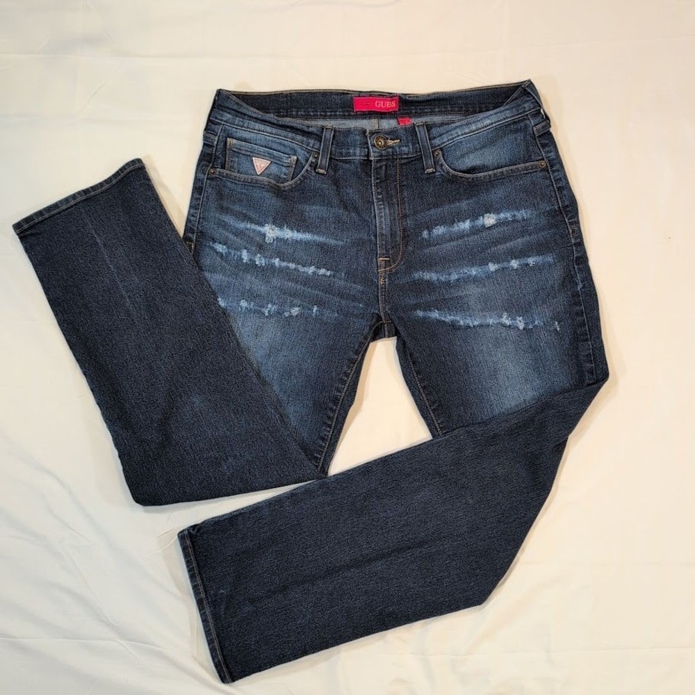 Guess Lincoln Slim Straight Mens Jeans 34x32 Dark Wash Distressed Stretch Denim